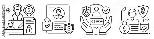Outline style illustrations symbolizing financial security, insurance policy and client protection