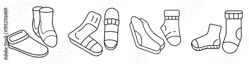 Various footwear collection showing socks and slippers in outline style illustration