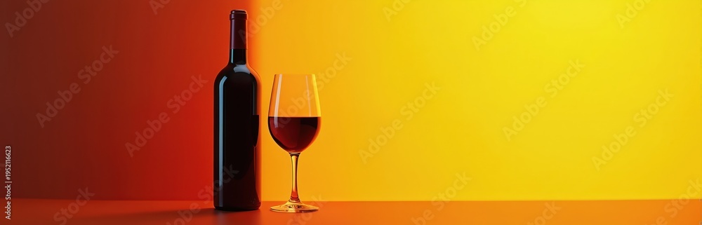 Naklejka premium Dark red wine bottle sits next to glass of wine. Bright yellow and red background create contrast. Studio shot is minimalist and elegant, perfect for drink ads.