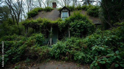 An old abandoned house overgrown with bushes. The concept of abandonment and uselessness