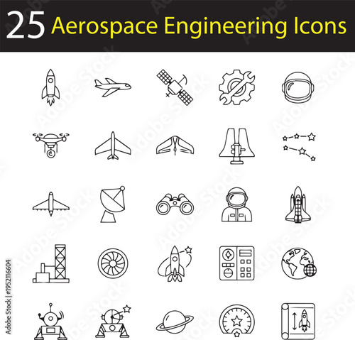 Aerospace Engineering Vector Icon Set – Rocket, Satellite, Spacecraft, Astronaut and Aviation Technology Line Icons
