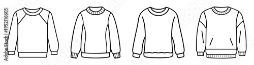 Line art drawing showcasing four different designs of sweatshirts or pullovers
