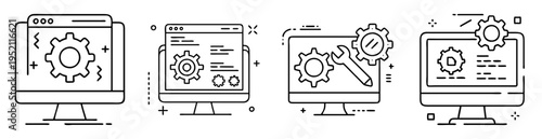 Four isolated desktop computer screens with gears, wrench and settings icons