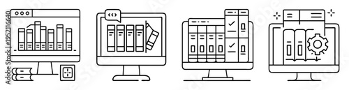 Set of four unique vector line icons showing document management and coding