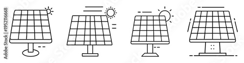 Simple black and white line drawings of solar panels in the sunlight
