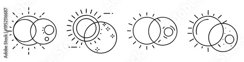 Four stylized celestial drawings representing solar eclipse and new moon phases