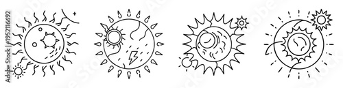 Various solar system illustrations depicting suns, planets, and lightning bolts in simple black outlines