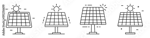 Line drawing of multiple solar panels generating energy from the sun