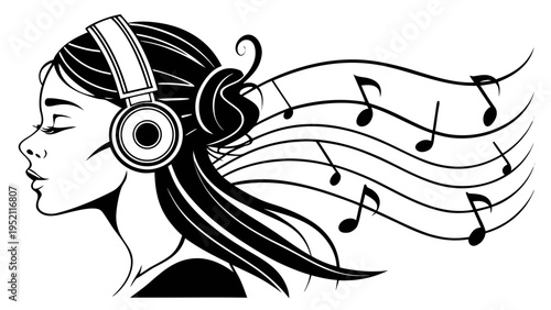 Silhouette of a beautiful woman profile with headphones and flowing hair made of musical notes and staff