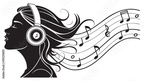Silhouette of a beautiful woman profile with headphones and flowing hair made of musical notes and staff