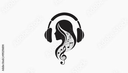 Silhouette of a beautiful woman profile with headphones and flowing hair made of musical notes and staff