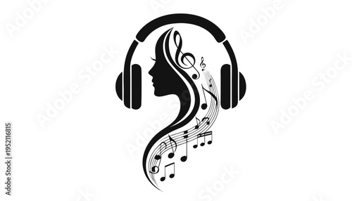 Silhouette of a beautiful woman profile with headphones and flowing hair made of musical notes and staff