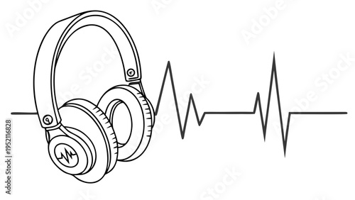 Music is life concept featuring headphones and pulse wave in continuous line style