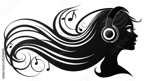 Silhouette of a beautiful woman profile with headphones and flowing hair made of musical notes and staff