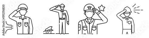 Various line drawings of military figures saluting with different types of hats