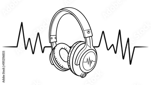 Music is life concept featuring headphones and pulse wave in continuous line style