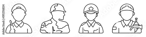 Icon set depicting various military personnel in outline style illustration