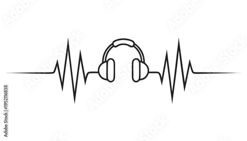 Music is life concept featuring headphones and pulse wave in continuous line style
