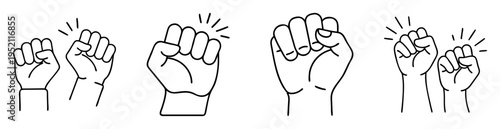 Four variations of hand knocking isolated on white background in line art