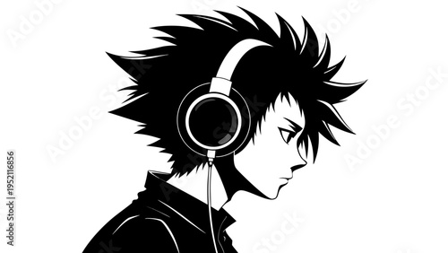 Black silhouette profile of a teenager boy listening to music with headphones isolated on white background