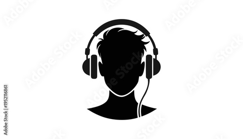 Black silhouette profile of a teenager boy listening to music with headphones isolated on white background