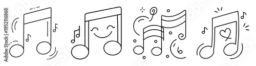 Black and white minimalist line art illustration of four musical notes