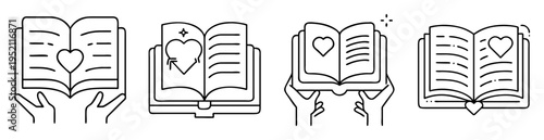 Collection of line drawing illustrations of hands holding open books with hearts