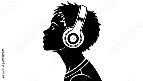 Black silhouette profile of a teenager boy listening to music with headphones isolated on white background