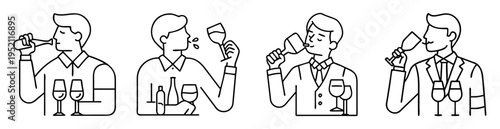 Diverse line art illustration showcasing men enjoying wine in different ways