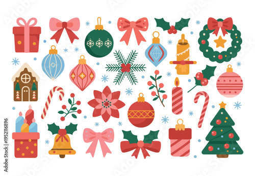 A cheerful collection of festive Christmas decorations featuring traditional symbols and winter snowflakes