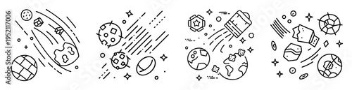 Outlined drawings representing a celestial cosmic scene with planets, stars and asteroids