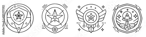 Collection of stylized emblems featuring stars, wings, and space elements in black outline