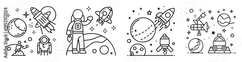 Monochromatic line drawing illustrations of space exploration and cosmic adventures