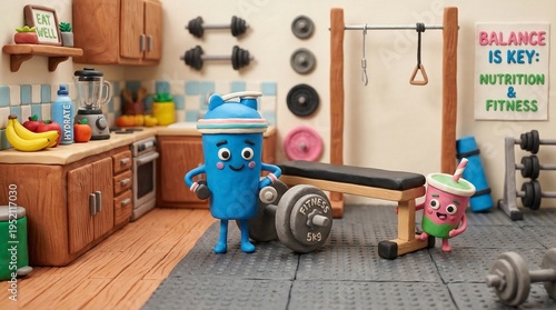 Fun characters in a gym setting with weights and kitchen appliances, promoting health and fitness