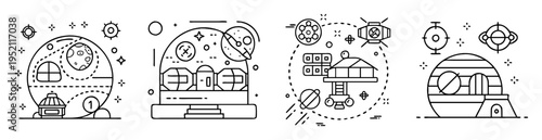 Four depictions of future planetary colonies in a linear monochrome illustration