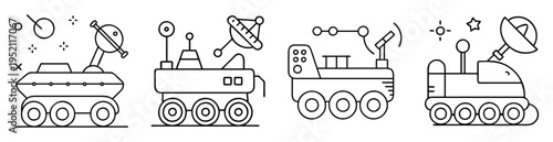 Line art illustration of various space exploration rover vehicles and space objects