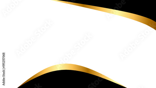 Sophisticated abstract graphic background featuring shimmering gold accents gracefully blending with sleek black and pristine white curves for premium branding and elegant design projects