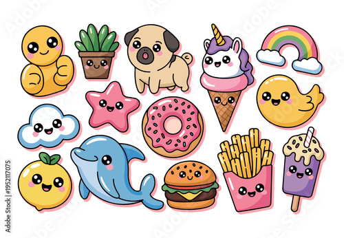 A delightful collection of cute kawaii style characters and food items on a clean white background