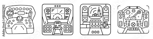 Four futuristic stylized spaceship dashboards with gauges, knobs, and displays