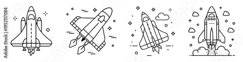 Line art illustrations showing different rockets and spaceships in outer space