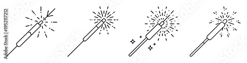 Sparkler icon set showing sparkler at different stages of burning, black outline