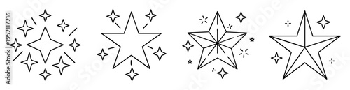 Four different star designs with various points and sparkling accents illustrations