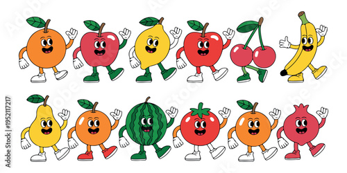 A playful collection of cartoon fruit characters smiling and waving with arms and legs