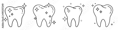 Cartoon line drawing of clean teeth with sparkling stars, dental hygiene concept