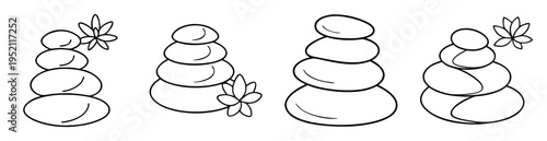 Black and white zen stones with flowers illustration for wellness meditation