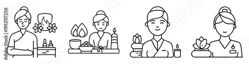 Outline illustration of a wellness spa featuring women and relaxation elements