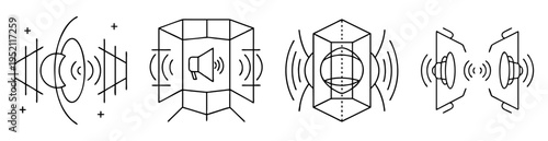 Conceptual minimalist illustration of sound propagation from different objects in boxes