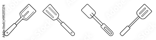 Black and white line art illustration of kitchen spatulas with different shapes
