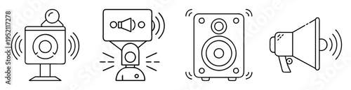 Iconic illustration of four different types of speakers emitting sound waves