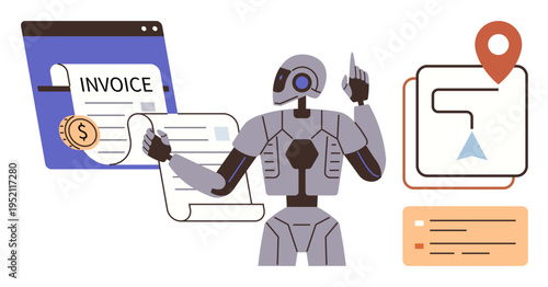 Automation, artificial intelligence, financial management, navigation systems, robotics, digital transformation. Robot interacting with invoices and maps. Automation and artificial intelligence